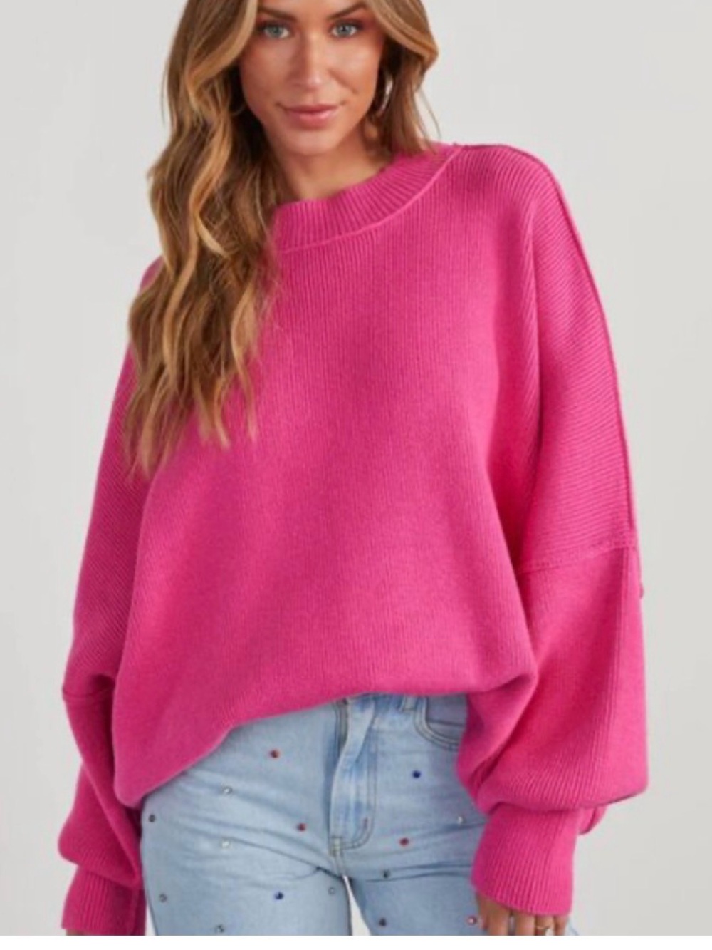 Vici Hot Pink Crewneck Sweater with Balloon Sleeves